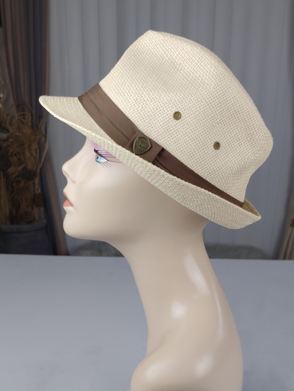 Pamoa Women's Cream Straw Fedora Hat with Brown Band
